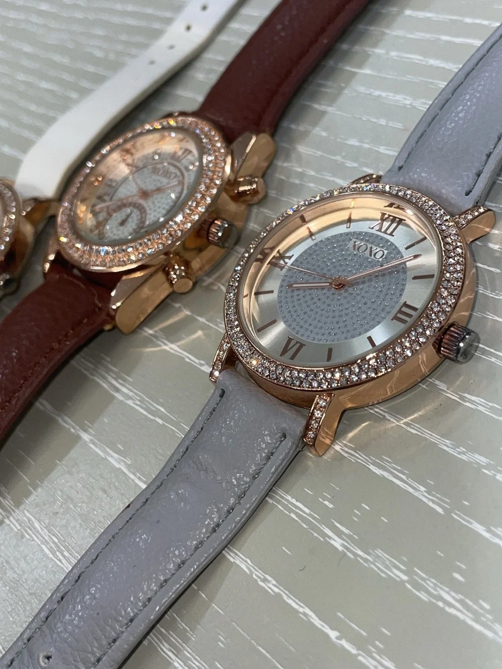 3 XOXO Women's Rose Gold Case White,brown and grey Leather Strap Watches